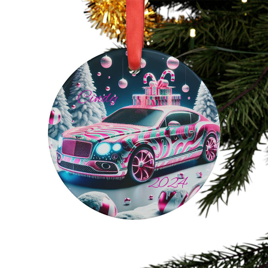 Colorful Holiday Car Acrylic Ornament with Ribbon, Christmas Decoration, Personalized Gift, Winter Theme, Unique Ornament for Tree