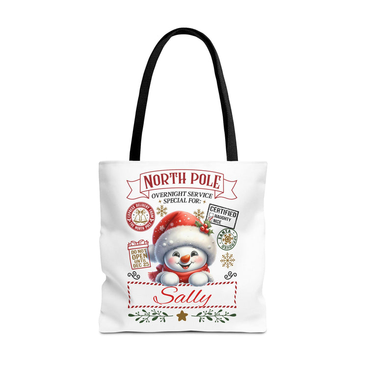 Personalized North Pole Tote Bag, Holiday Gift, Christmas Shopping Bag, Snowman Design, Festive Reusable Shopper