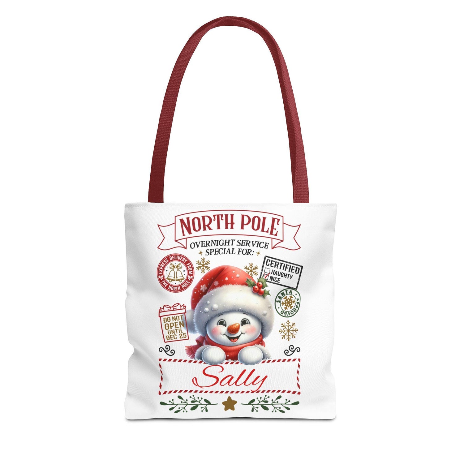 Personalized North Pole Tote Bag, Holiday Gift, Christmas Shopping Bag, Snowman Design, Festive Reusable Shopper