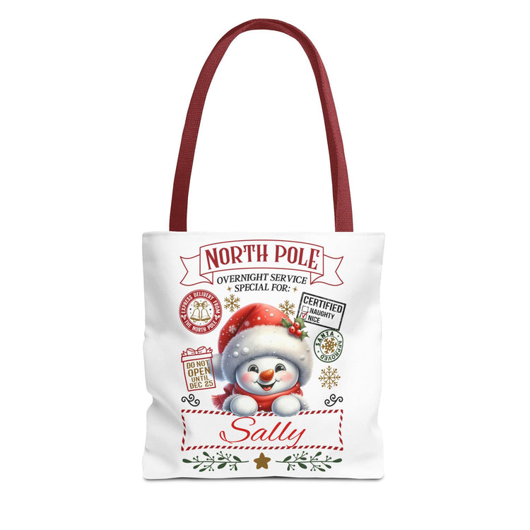 Personalized North Pole Tote Bag, Holiday Gift, Christmas Shopping Bag, Snowman Design, Festive Reusable Shopper