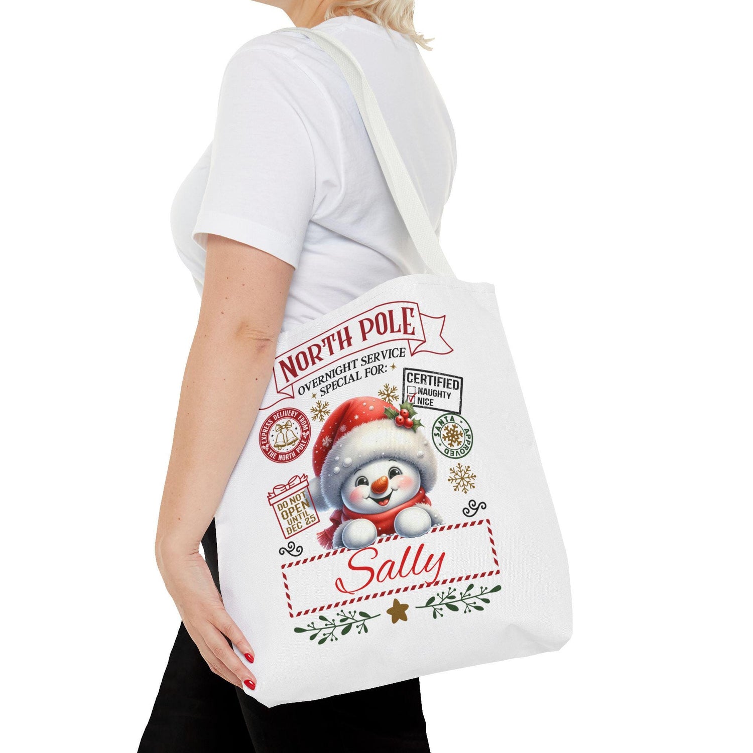 Personalized North Pole Tote Bag, Holiday Gift, Christmas Shopping Bag, Snowman Design, Festive Reusable Shopper