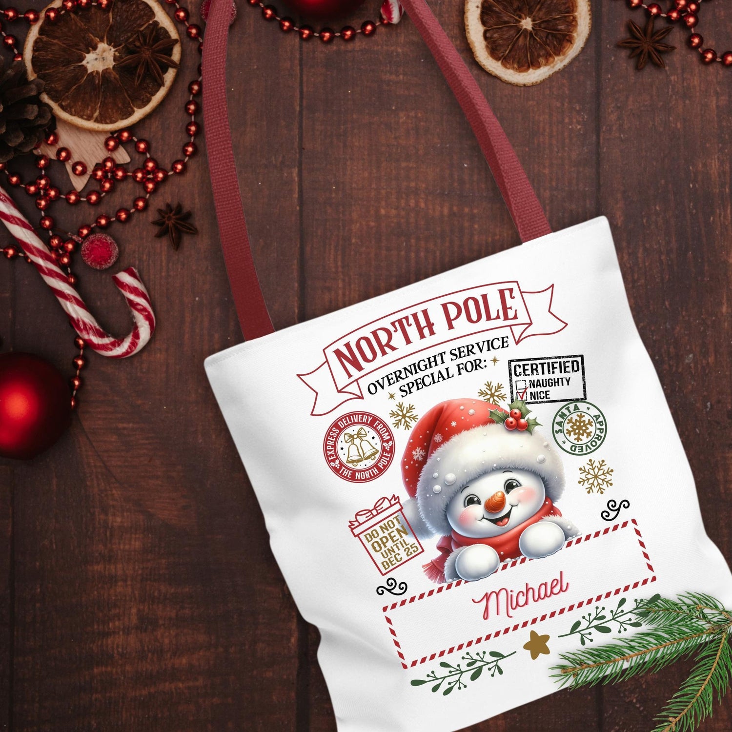 Personalized North Pole Tote Bag, Holiday Gift, Christmas Shopping Bag, Snowman Design, Festive Reusable Shopper
