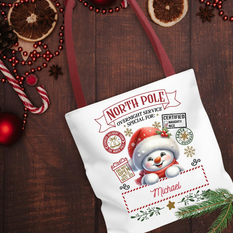 Personalized North Pole Tote Bag, Holiday Gift, Christmas Shopping Bag, Snowman Design, Festive Reusable Shopper