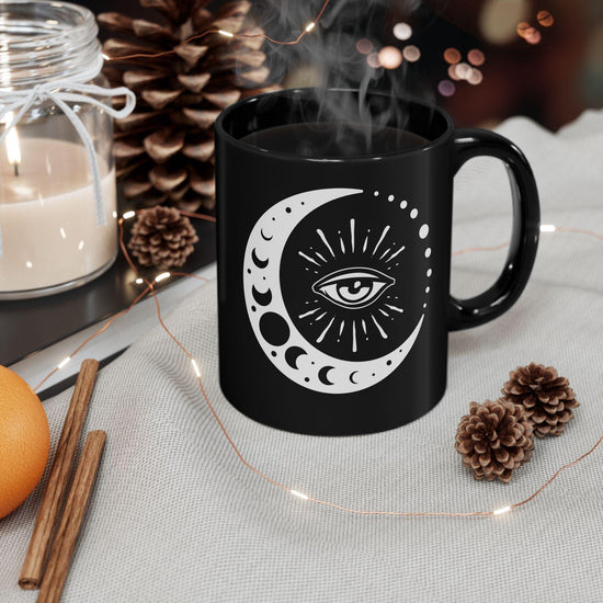 Taza Negra Celestial - Taza de Café con Ojo y Luna, Arte Místico Astrológico, Regalo Mágico, Taza con Diseño Celestial, Taza Celestial