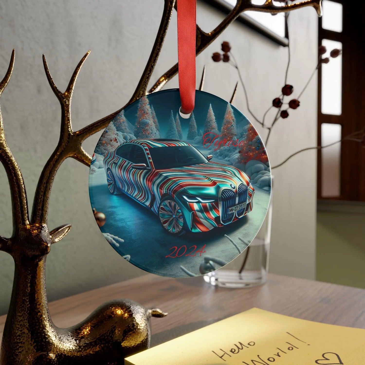 Colorful Car Acrylic Ornament with Ribbon, Festive BMW Christmas Decor, Holiday Gift, Unique Tree Decoration, 2024 Keepsake The Aurora Touch
