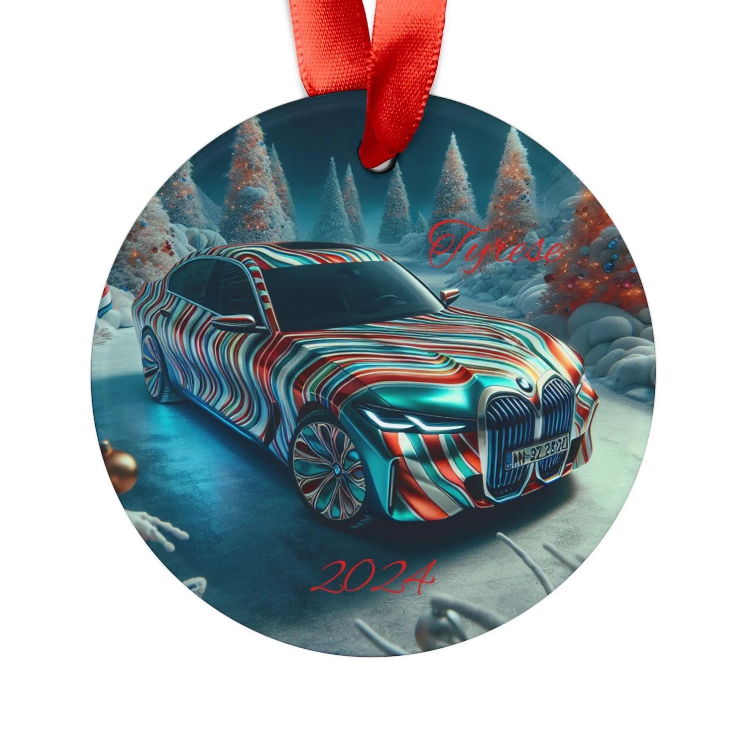 Colorful Car Acrylic Ornament with Ribbon, Festive BMW Christmas Decor, Holiday Gift, Unique Tree Decoration, 2024 Keepsake The Aurora Touch