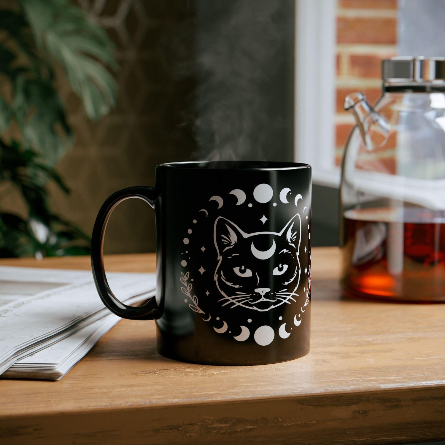 Black Mug (11oz, 15oz), Black Cat Moon Phase Mug, Astrology designed Coffee Mug , Multisize Moon tea cup, spellbound cat mug
