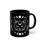 Black Mug (11oz, 15oz), Black Cat Moon Phase Mug, Astrology designed Coffee Mug , Multisize Moon tea cup, spellbound cat mug