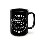 Black Mug (11oz, 15oz), Black Cat Moon Phase Mug, Astrology designed Coffee Mug , Multisize Moon tea cup, spellbound cat mug
