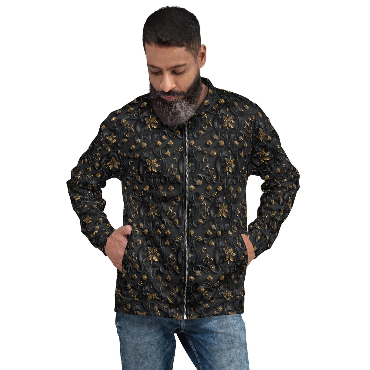 Exclusive 3D Black Gold Bomber Jacket for Men - Unique Design, Luxury Streetwear, Custom Fashion, Statement Outerwear