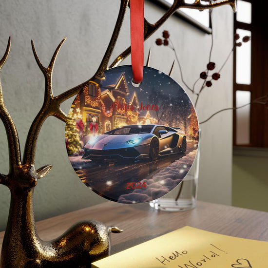 Adorno acrílico personalizado de Lamborghini plateado con cinta, regalo con nombre personalizado, decoración navideña, recuerdo para amantes de los autos, adorno navideño 2024