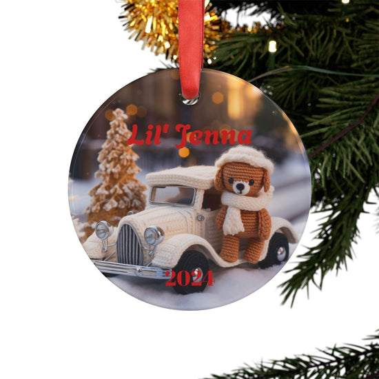 Personalized Acrylic Ornament | Cute Crotchet Bear Holiday Decoration, Christmas Gift, Keepsake, Custom Name Tag, Winter Decor