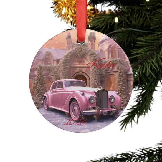 Adorno de acrílico para coche rosa personalizado con cinta, decoración navideña personalizada, recuerdo navideño, regalo familiar, vintage