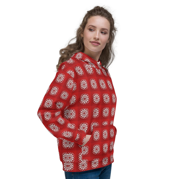 Festive Red Snowflake Design Hoodie – Cozy Xmas Holiday Sweatshirt for Women