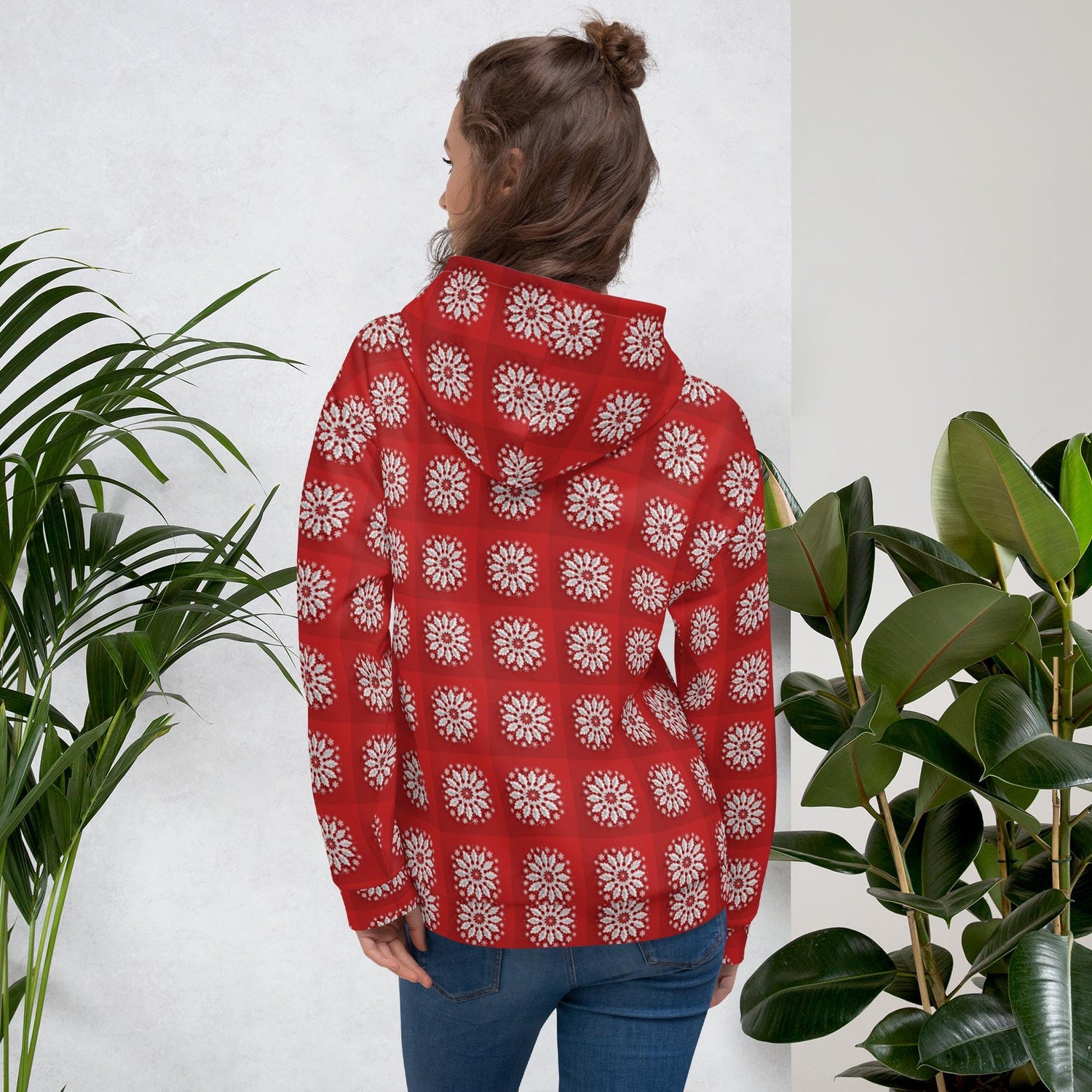 Festive Red Snowflake Design Hoodie – Cozy Xmas Holiday Sweatshirt for Women