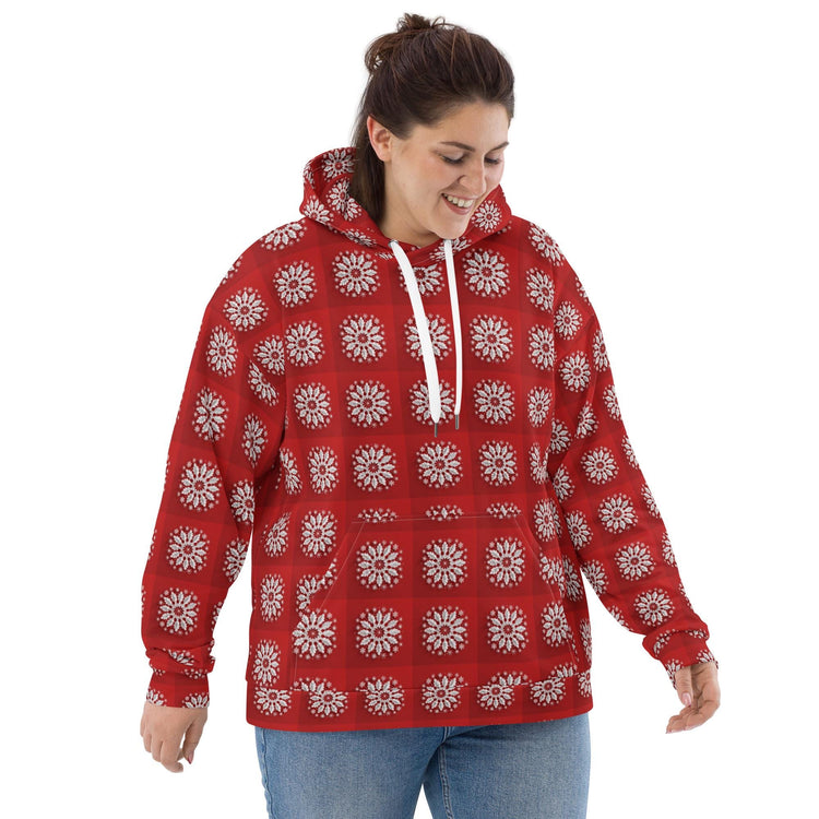 Festive Red Snowflake Design Hoodie – Cozy Xmas Holiday Sweatshirt for Women