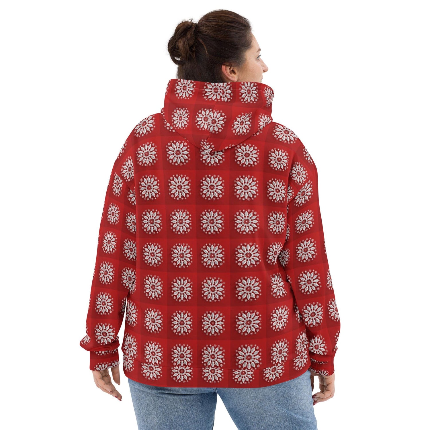 Festive Red Snowflake Design Hoodie – Cozy Xmas Holiday Sweatshirt for Women
