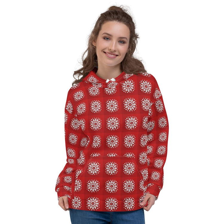 Festive Red Snowflake Design Hoodie – Cozy Xmas Holiday Sweatshirt for Women