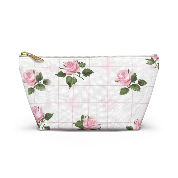 Floral Accessory Pouch - Pink Roses on Grid, Makeup Bag, Travel Organizer, Gift for Her, Floral Vanity Pouch, Cute Toiletry Bag