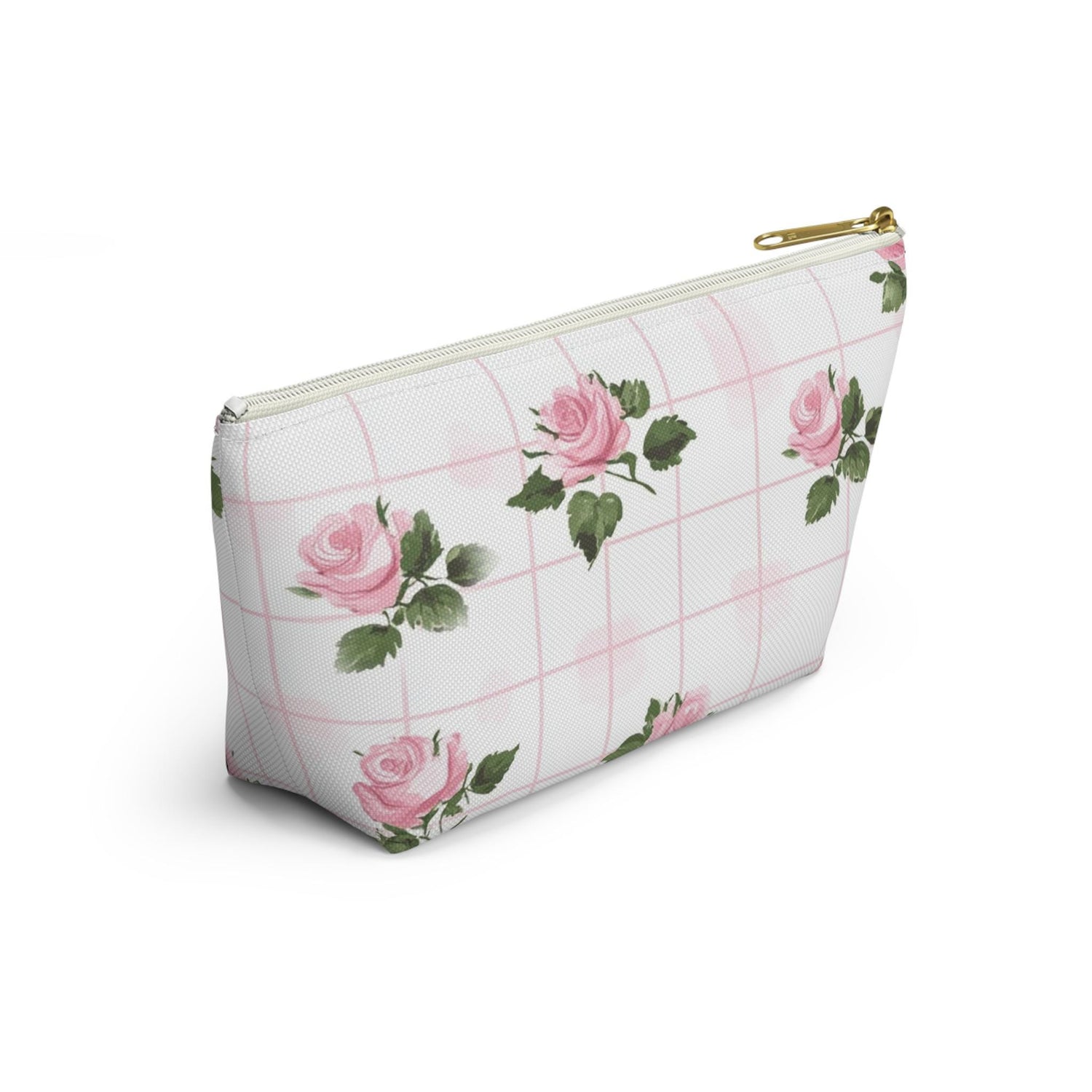 Floral Accessory Pouch - Pink Roses on Grid, Makeup Bag, Travel Organizer, Gift for Her, Floral Vanity Pouch, Cute Toiletry Bag