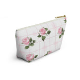 Floral Accessory Pouch - Pink Roses on Grid, Makeup Bag, Travel Organizer, Gift for Her, Floral Vanity Pouch, Cute Toiletry Bag