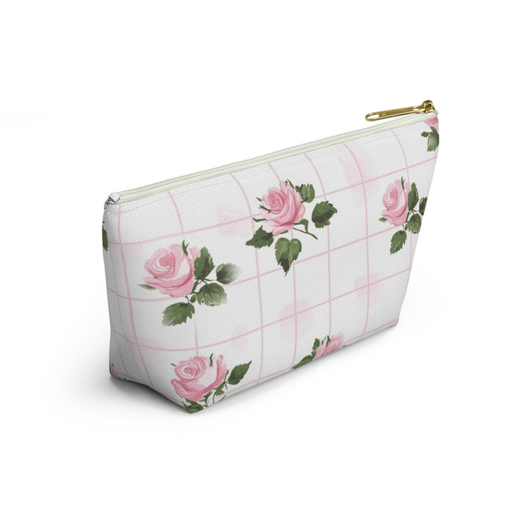 Floral Accessory Pouch - Pink Roses on Grid, Makeup Bag, Travel Organizer, Gift for Her, Floral Vanity Pouch, Cute Toiletry Bag