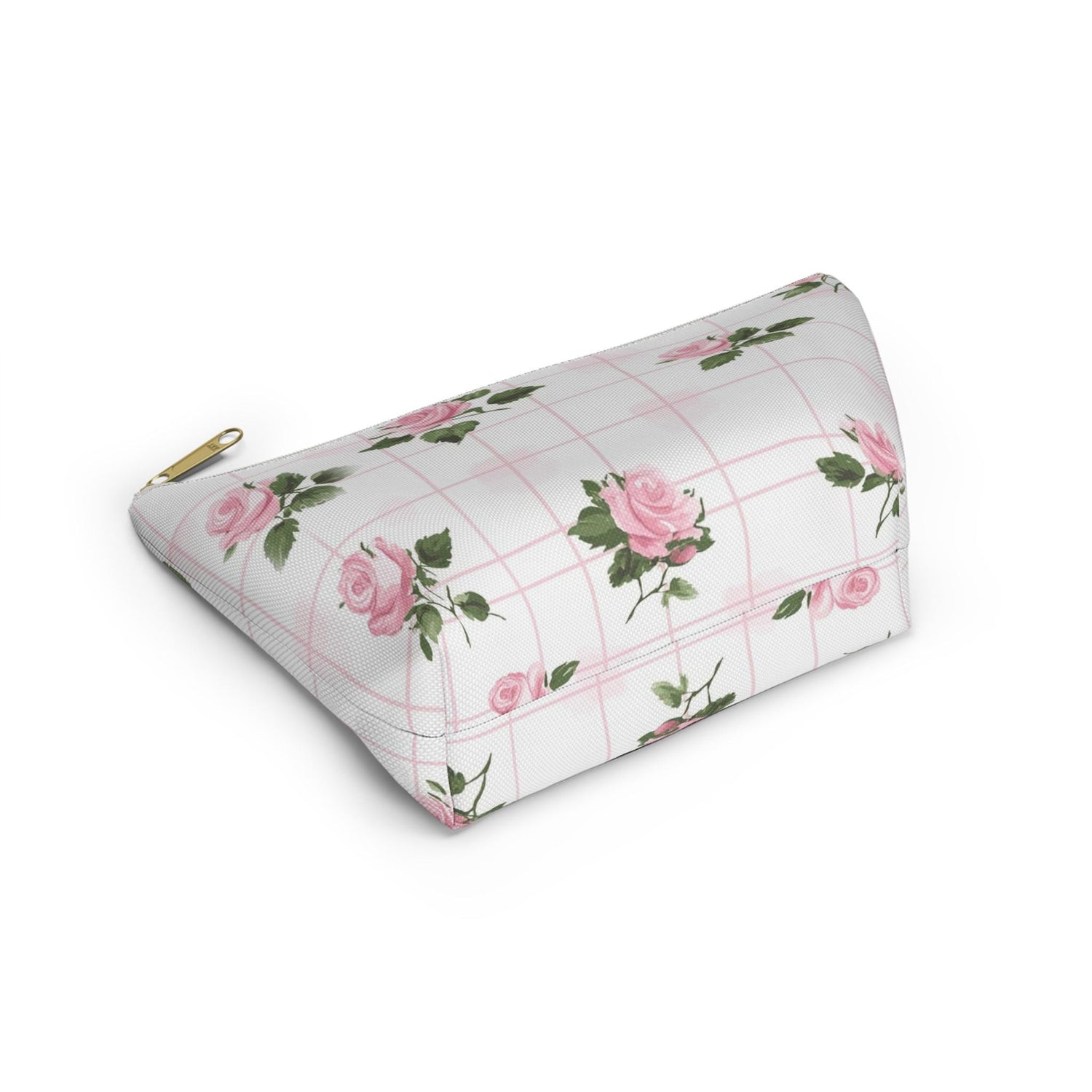 Floral Accessory Pouch - Pink Roses on Grid, Makeup Bag, Travel Organizer, Gift for Her, Floral Vanity Pouch, Cute Toiletry Bag