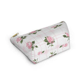 Floral Accessory Pouch - Pink Roses on Grid, Makeup Bag, Travel Organizer, Gift for Her, Floral Vanity Pouch, Cute Toiletry Bag