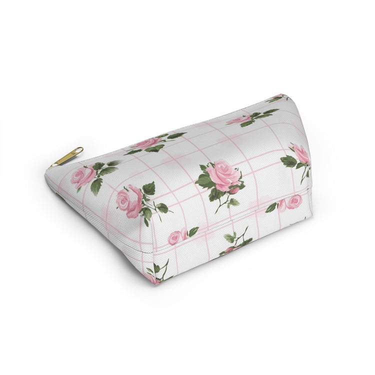 Floral Accessory Pouch - Pink Roses on Grid, Makeup Bag, Travel Organizer, Gift for Her, Floral Vanity Pouch, Cute Toiletry Bag