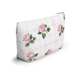 Floral Accessory Pouch - Pink Roses on Grid, Makeup Bag, Travel Organizer, Gift for Her, Floral Vanity Pouch, Cute Toiletry Bag