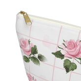 Floral Accessory Pouch - Pink Roses on Grid, Makeup Bag, Travel Organizer, Gift for Her, Floral Vanity Pouch, Cute Toiletry Bag