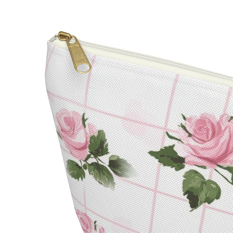 Floral Accessory Pouch - Pink Roses on Grid, Makeup Bag, Travel Organizer, Gift for Her, Floral Vanity Pouch, Cute Toiletry Bag
