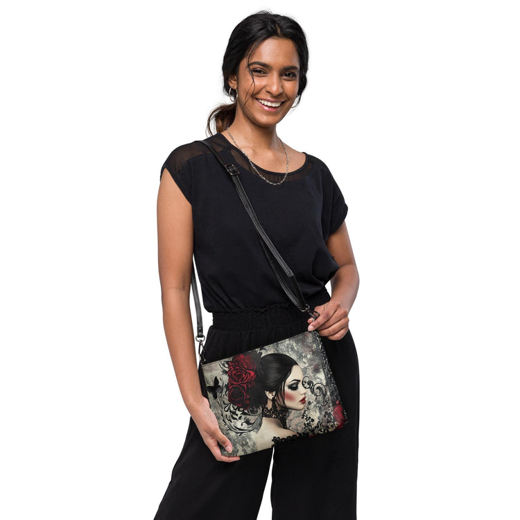 Gothic Valentine’s Crossbody Handbag – Dark & Stylish Heart Design with Silver Cross – Perfect for a Bold Unique Valentine&