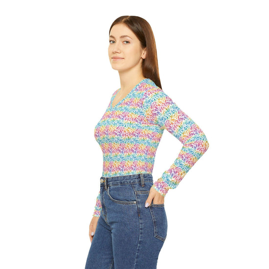 Camisa colorida de manga larga con cuello en V para mujer, top informal y divertido, moda de primavera, regalo para ella, prenda de capas vibrante.