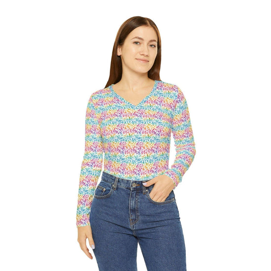 Camisa colorida de manga larga con cuello en V para mujer, top informal y divertido, moda de primavera, regalo para ella, prenda de capas vibrante.