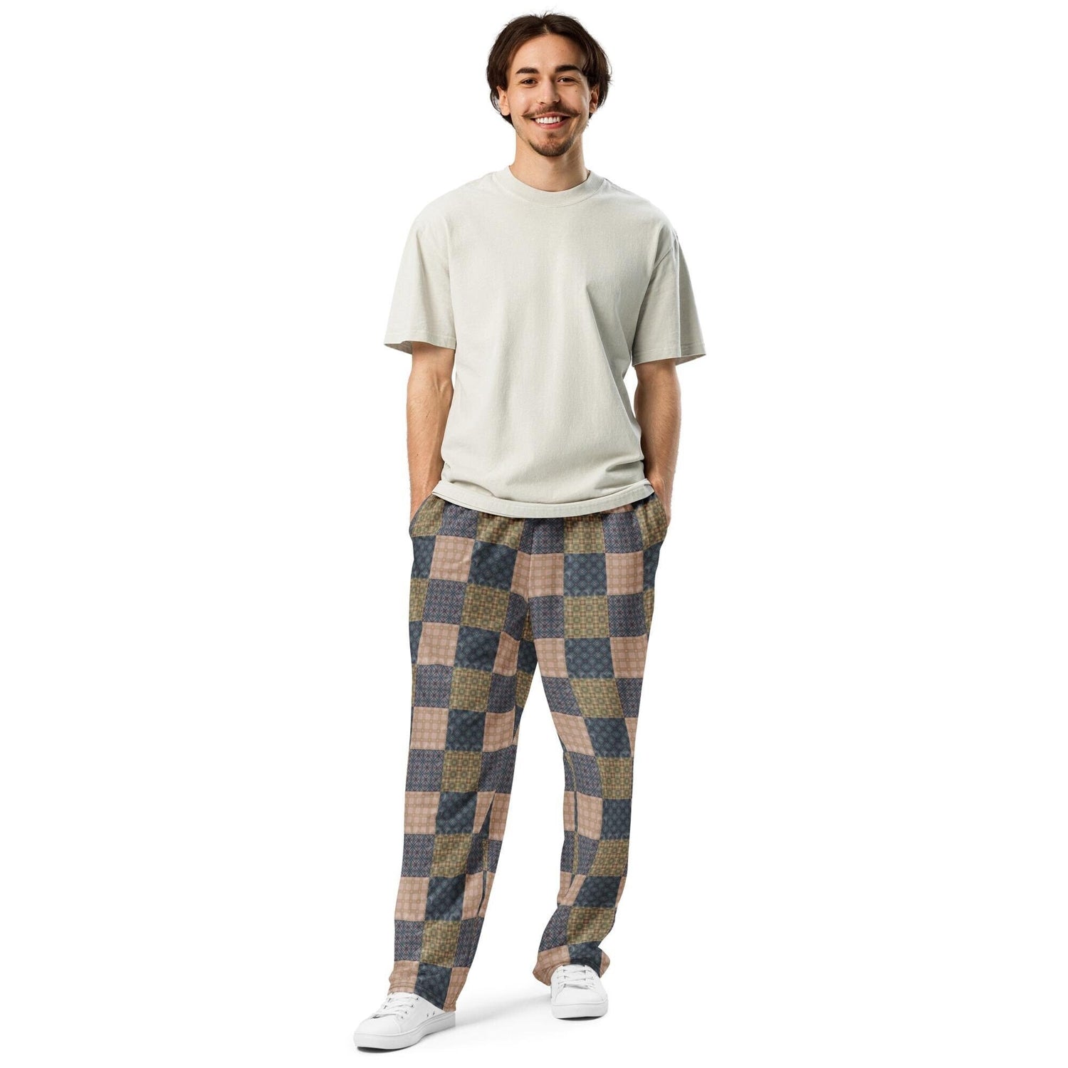Men’s Geometric Checker Pattern Wide Leg Pants – Trendy Retro Style, Comfortable Loose Fit, Modern Fashion Statement, Streetwear Chic