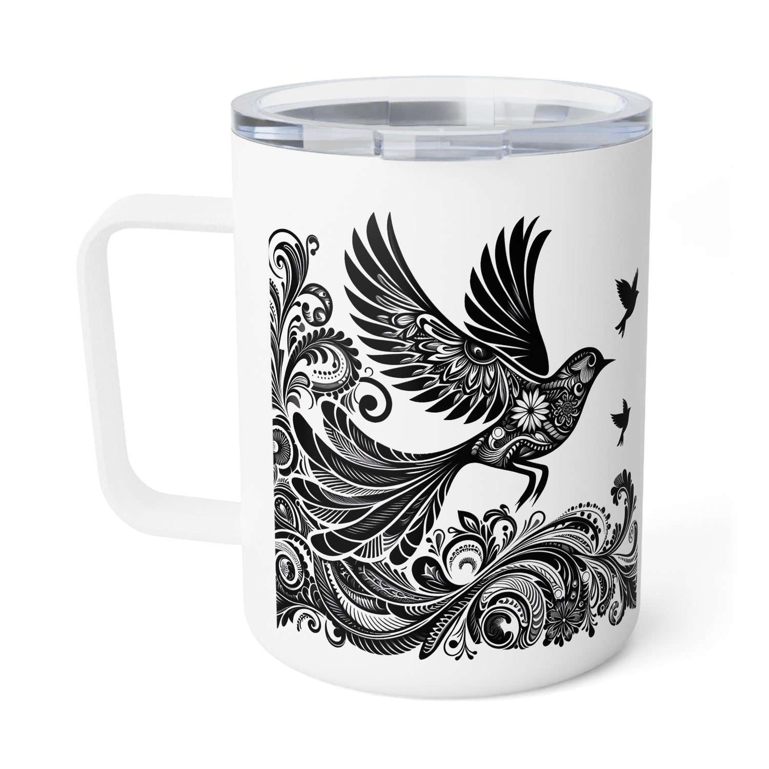 Bohemian Insulated Coffee Mug, 10oz - Perfect for Nature Lovers, Unique Gift for Birthdays, Travel Friendly, Bird Design, Camping Mug