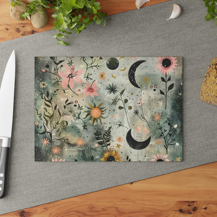Floral & Celestial Glass Cutting Board, Boho Kitchen Decor, Housewarming Gift, Unique Gift, Cooking Accessory, Kitchen Art
