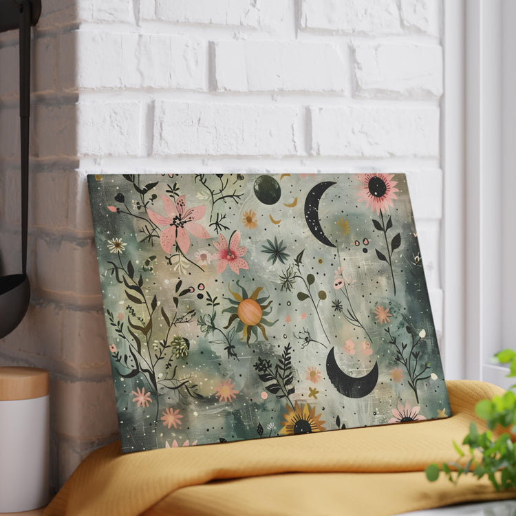 Floral & Celestial Glass Cutting Board, Boho Kitchen Decor, Housewarming Gift, Unique Gift, Cooking Accessory, Kitchen Art
