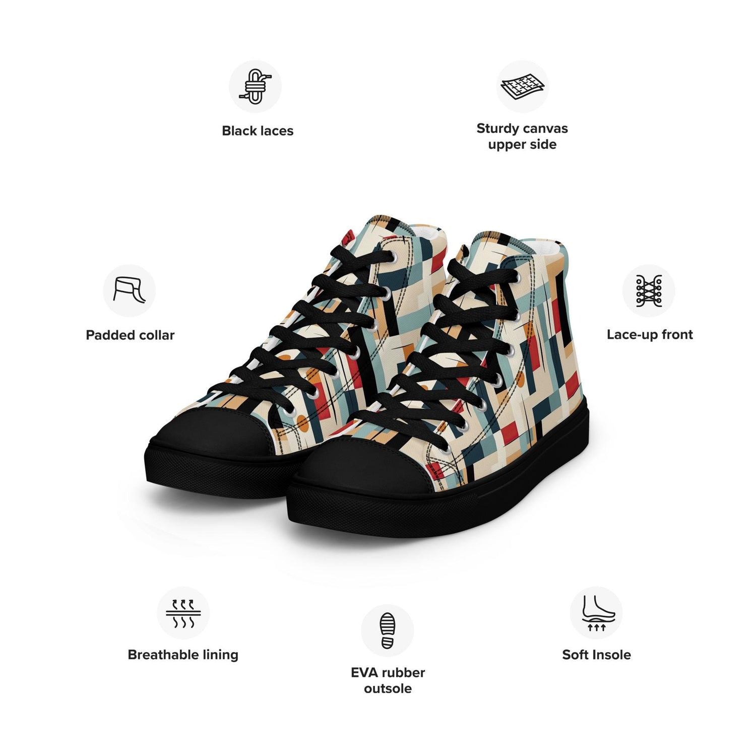 Men’s Vibrant Geometrical AOP High Top Shoes - Bold All-Over Print, Trendy Streetwear Sneakers, Unique Fashion Footwear