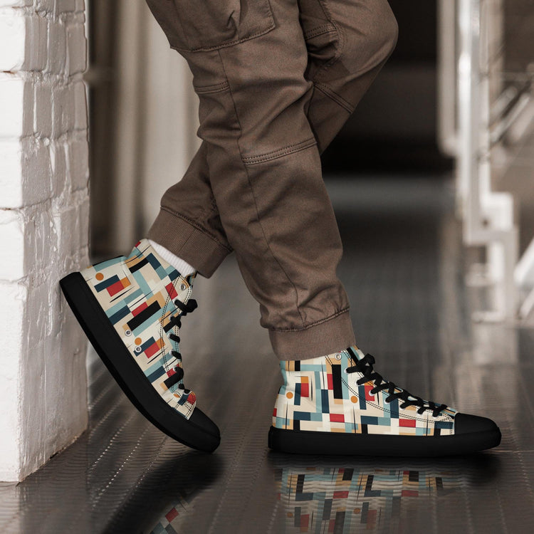 Men’s Vibrant Geometrical AOP High Top Shoes - Bold All-Over Print, Trendy Streetwear Sneakers, Unique Fashion Footwear