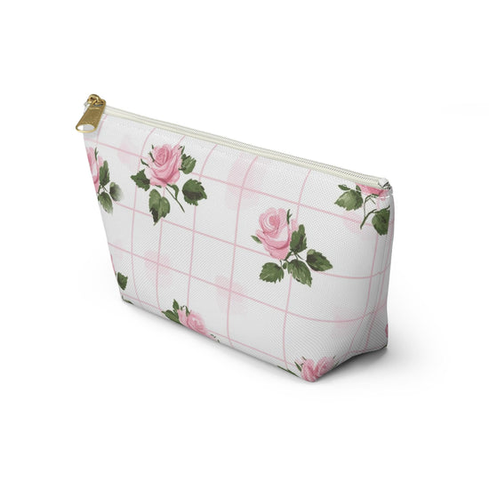 Floral Accessory Pouch - Pink Roses on Grid, Makeup Bag, Travel Organizer, Gift for Her, Floral Vanity Pouch, Cute Toiletry Bag