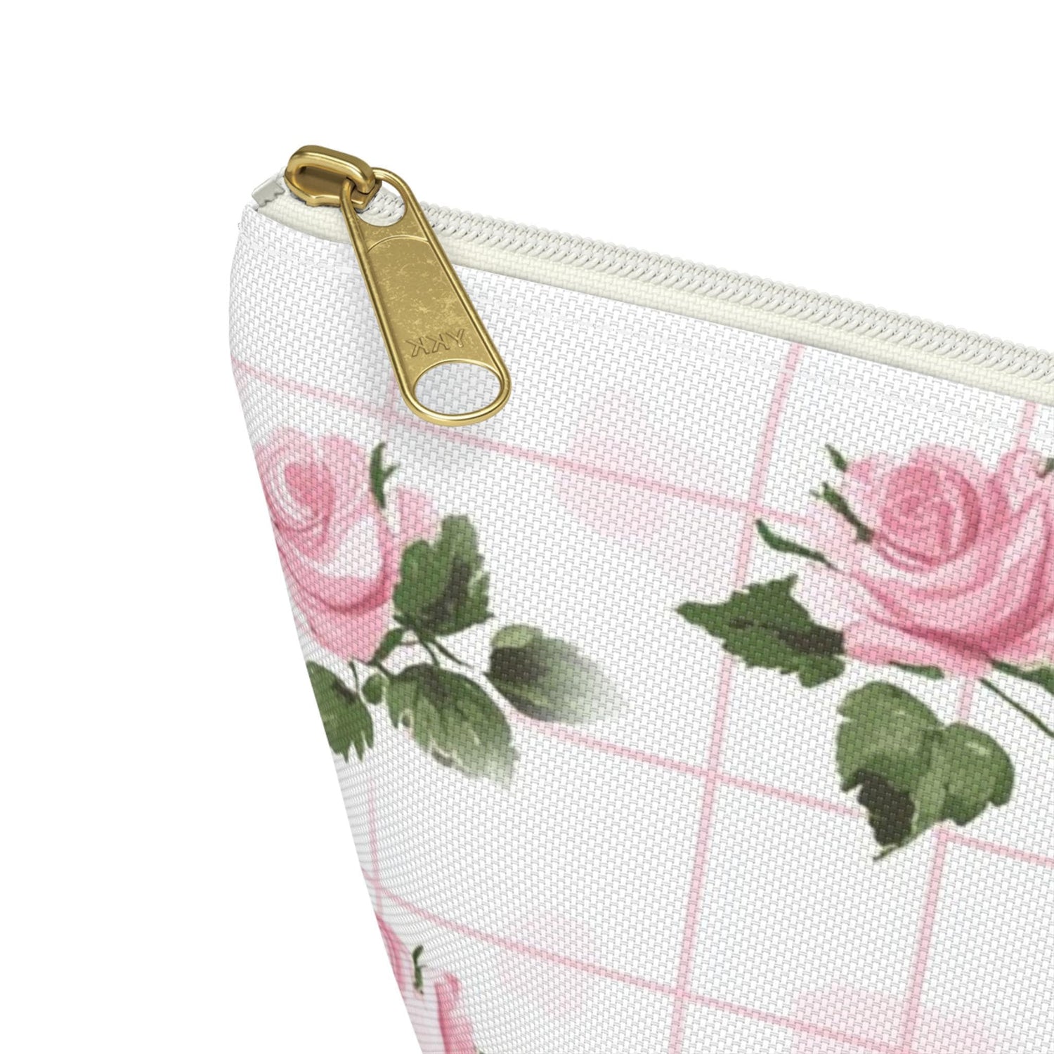 Floral Accessory Pouch - Pink Roses on Grid, Makeup Bag, Travel Organizer, Gift for Her, Floral Vanity Pouch, Cute Toiletry Bag