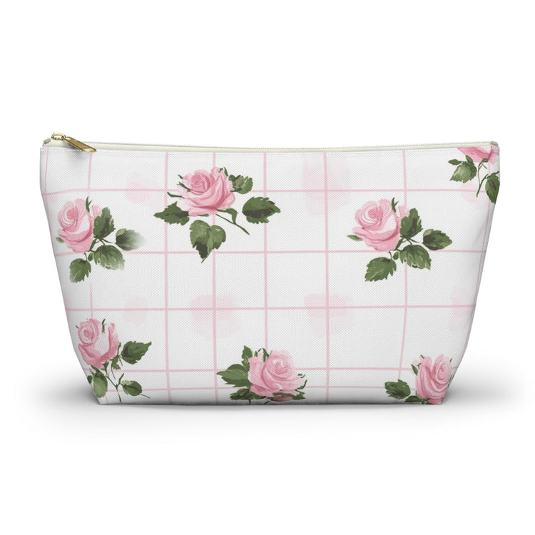 Floral Accessory Pouch - Pink Roses on Grid, Makeup Bag, Travel Organizer, Gift for Her, Floral Vanity Pouch, Cute Toiletry Bag