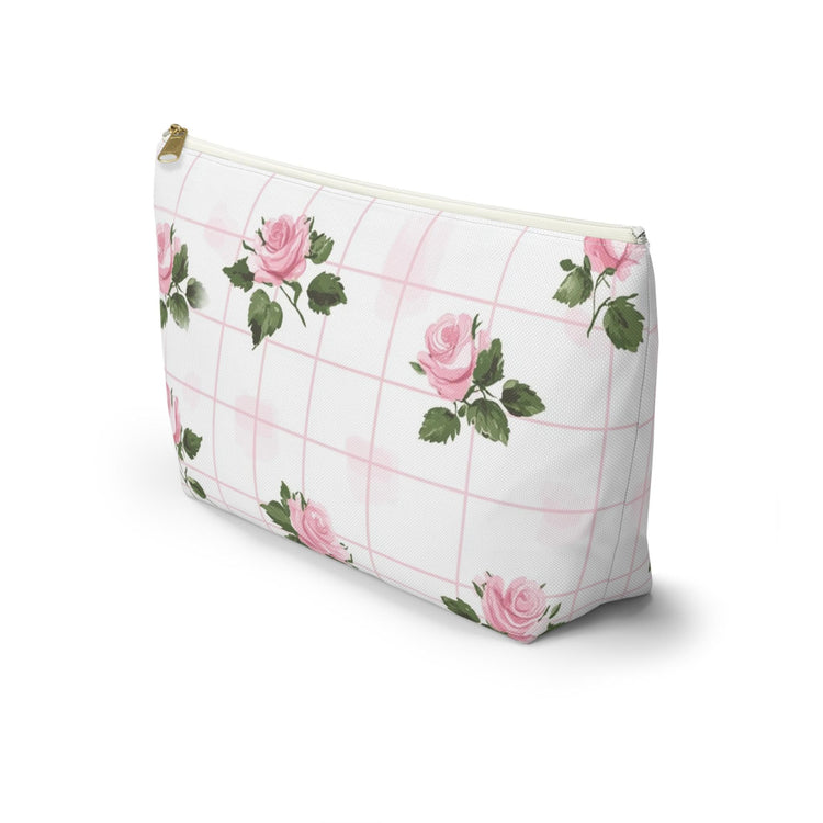 Floral Accessory Pouch - Pink Roses on Grid, Makeup Bag, Travel Organizer, Gift for Her, Floral Vanity Pouch, Cute Toiletry Bag