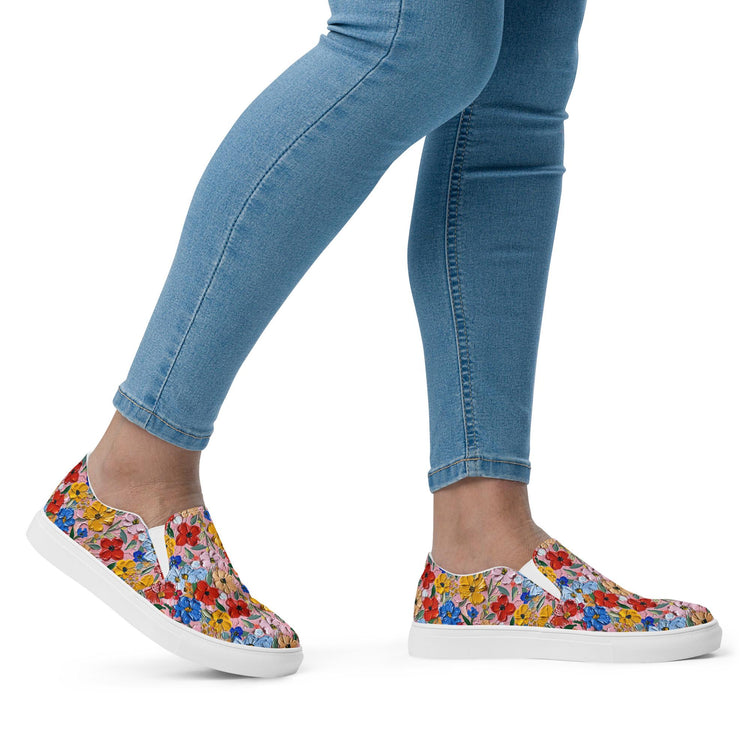 Hand-Painted Floral Print Canvas Slip-On Shoes for Women | Custom Floral Design Flats | Comfortable Everyday Slip-Ons | Unique Canvas Shoes
