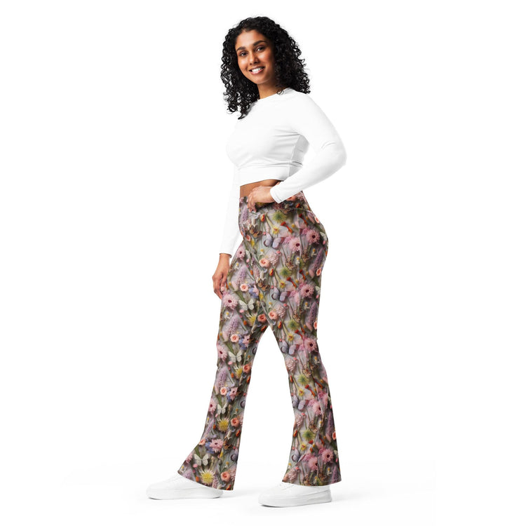 Floral Pattern Flare Leggings for Women | Boho Chic High-Waisted Pants | Comfortable Stylish Floral Print Leggings | Trendy Yoga Lounge Wear