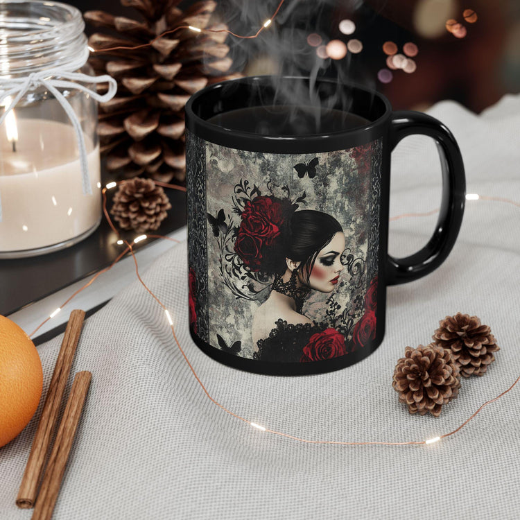 Gothic Art Black Mug | Elegant Vintage Rose Design | Perfect for Coffee Lovers, Gift for Her, Halloween, Home Decor
