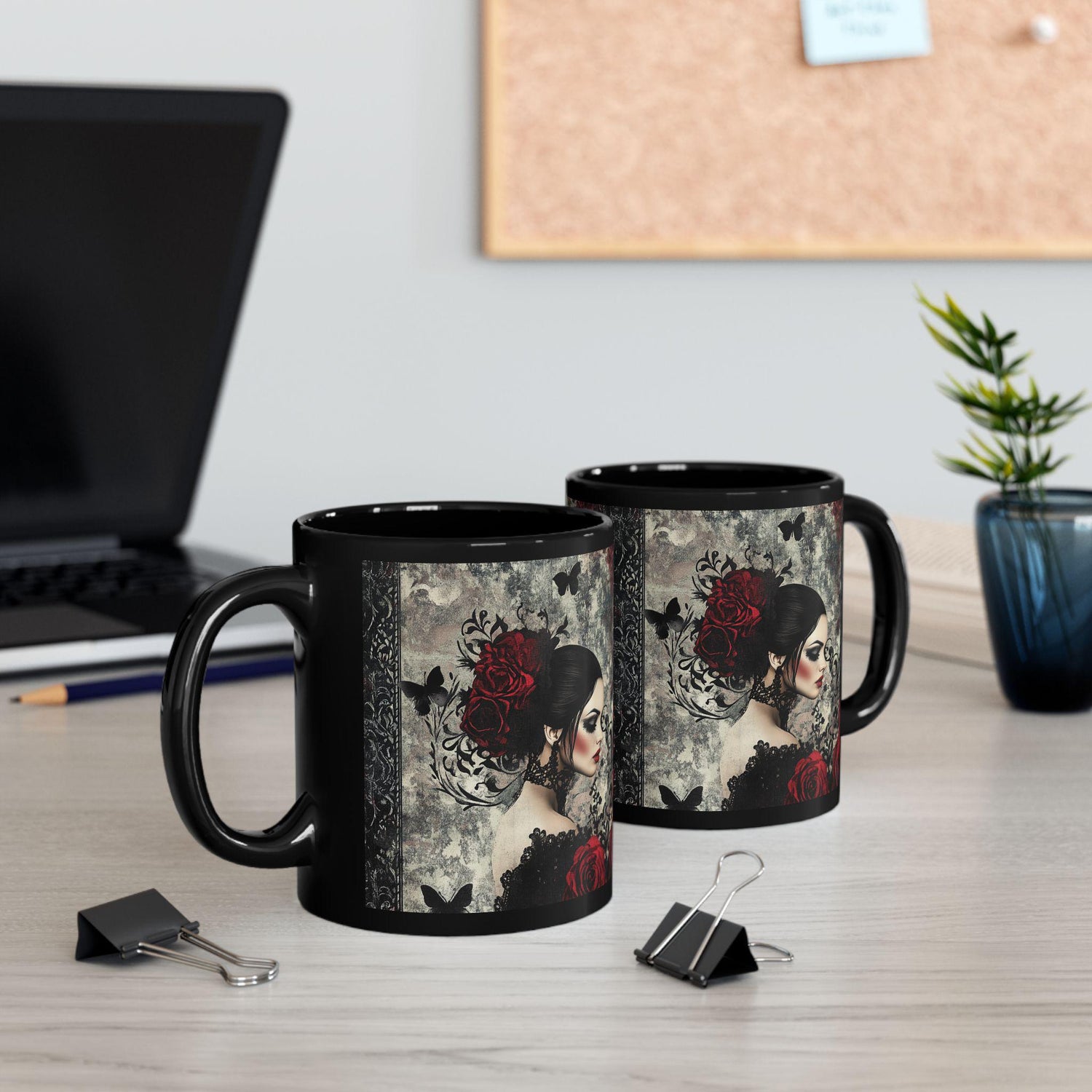 Gothic Art Black Mug | Elegant Vintage Rose Design | Perfect for Coffee Lovers, Gift for Her, Halloween, Home Decor