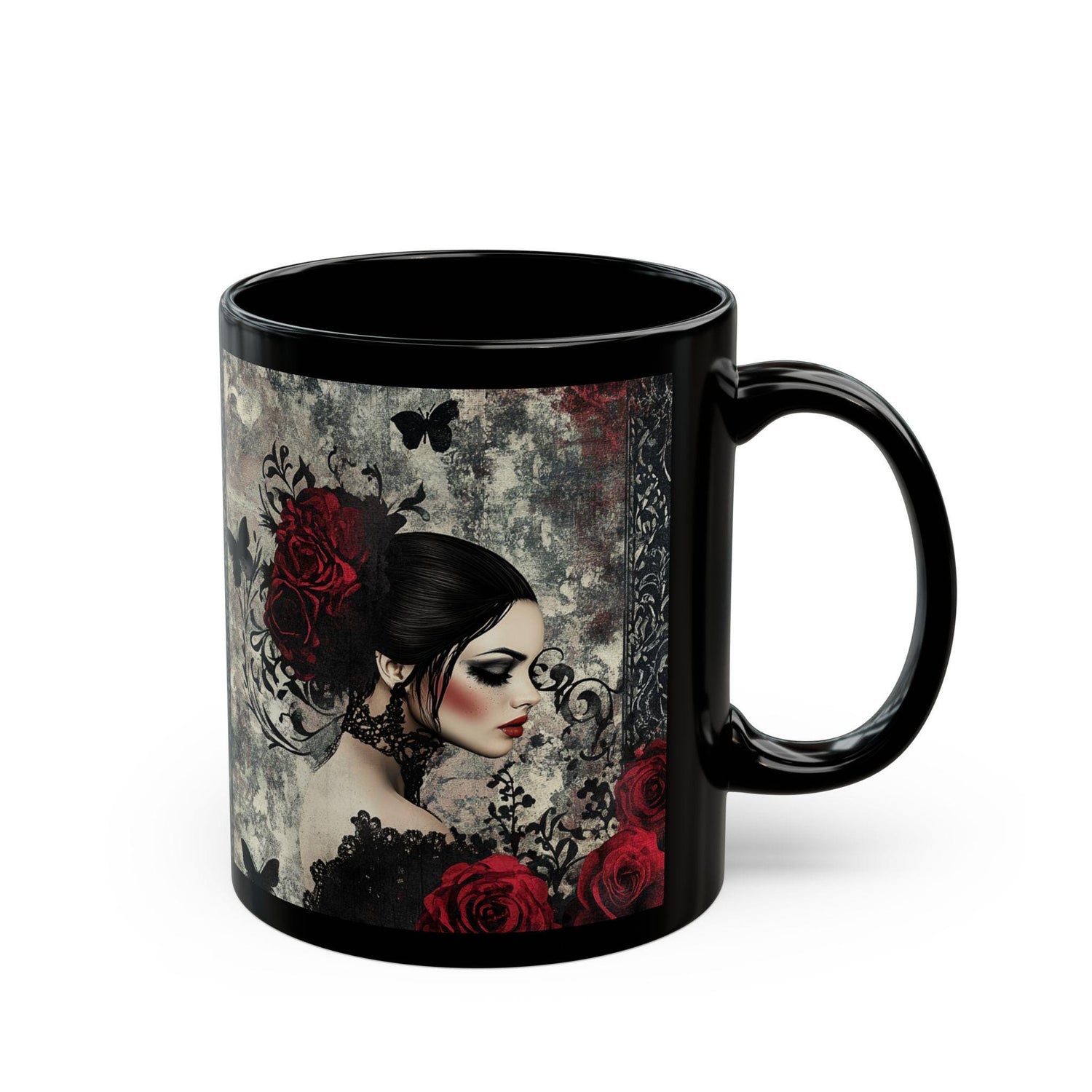 Gothic Art Black Mug | Elegant Vintage Rose Design | Perfect for Coffee Lovers, Gift for Her, Halloween, Home Decor